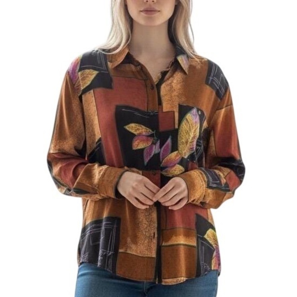 Vintage 100%  Silk Print Button Up‎ Blouse Size Medium